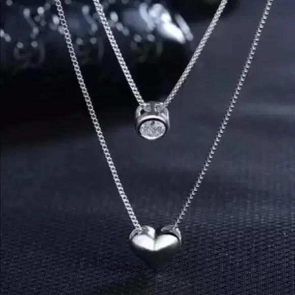DOUBLE LAYER 925 STERLING SILVER DIAMOND NECKLACE, NICE NECKLACE, CUTE NECKLACE - Picture 3 of 7